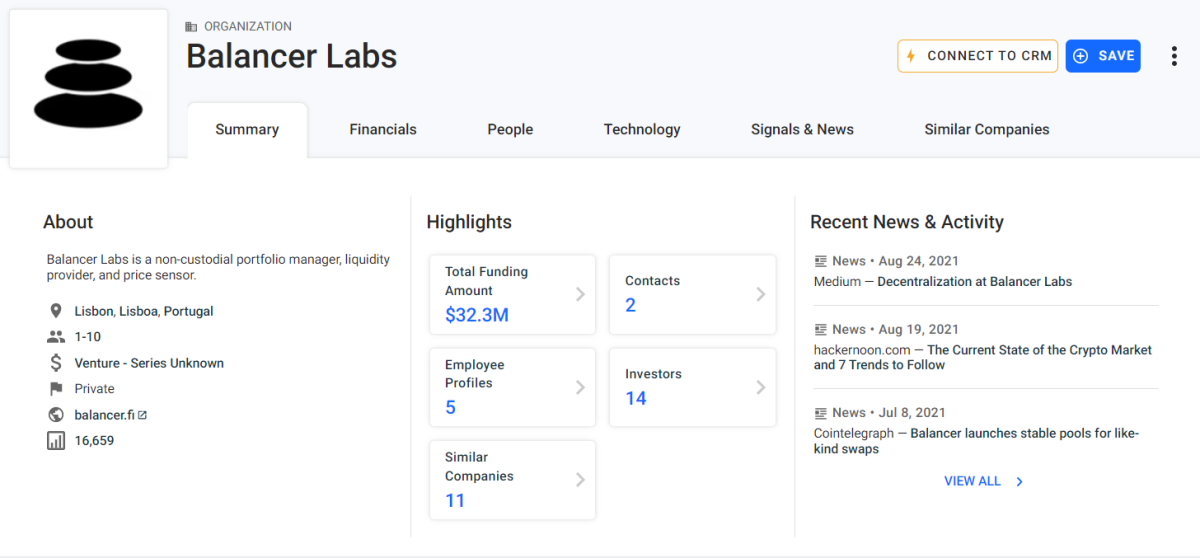 Details of Balancer Labs' investment activity (Crunchbase)