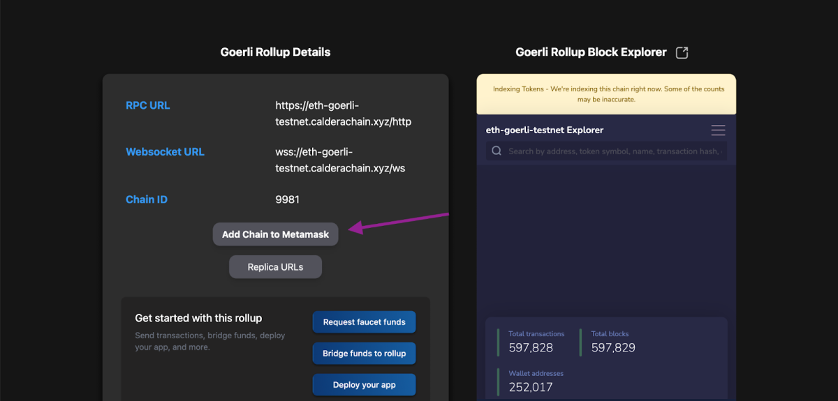Incorporating the Goerli Rollup network into your wallet. Source: testnet.caldera.dev