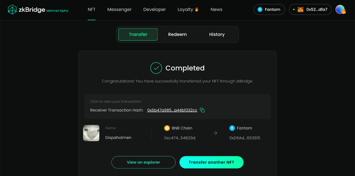 Successful transfer of the NFT from BNB Chain to Fantom. Source: zkbridge.com