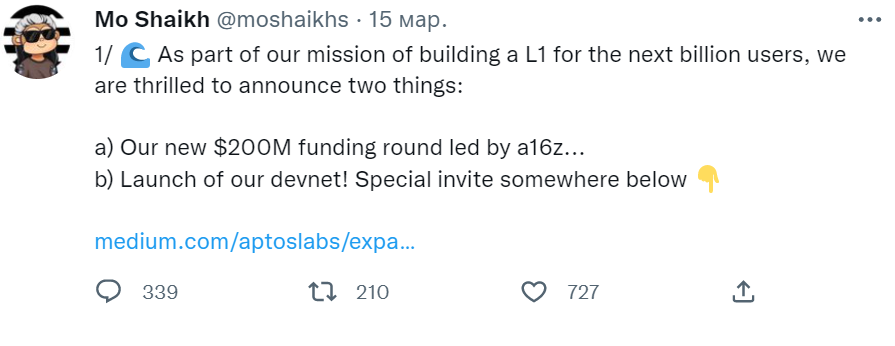 Tweet from Aptos CEO Mo Sheikh about the funding round closure