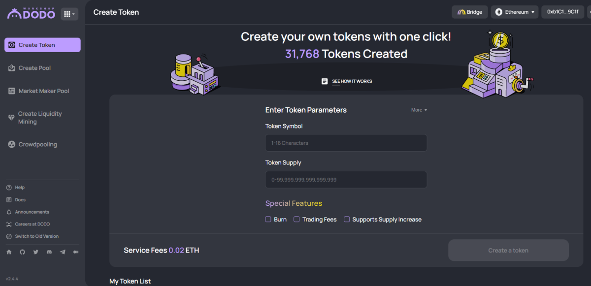 Dodo.ex workspace for token creation