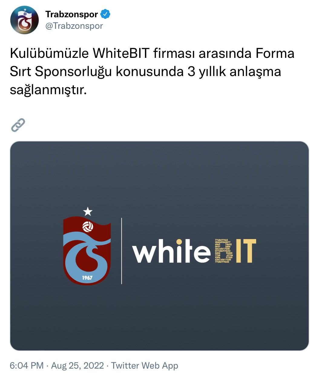Post from Trabzonspor official Twitter ("A 3-year agreement has been signed between  our club and WhiteBIT company  on Jersey Back Sponsorship.")